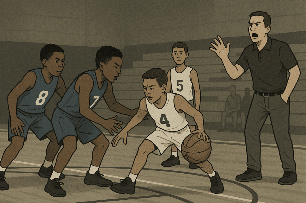 Youth basketball players struggle to break a press while teammates stand idle, illustrating development challenges in AAU basketball.
